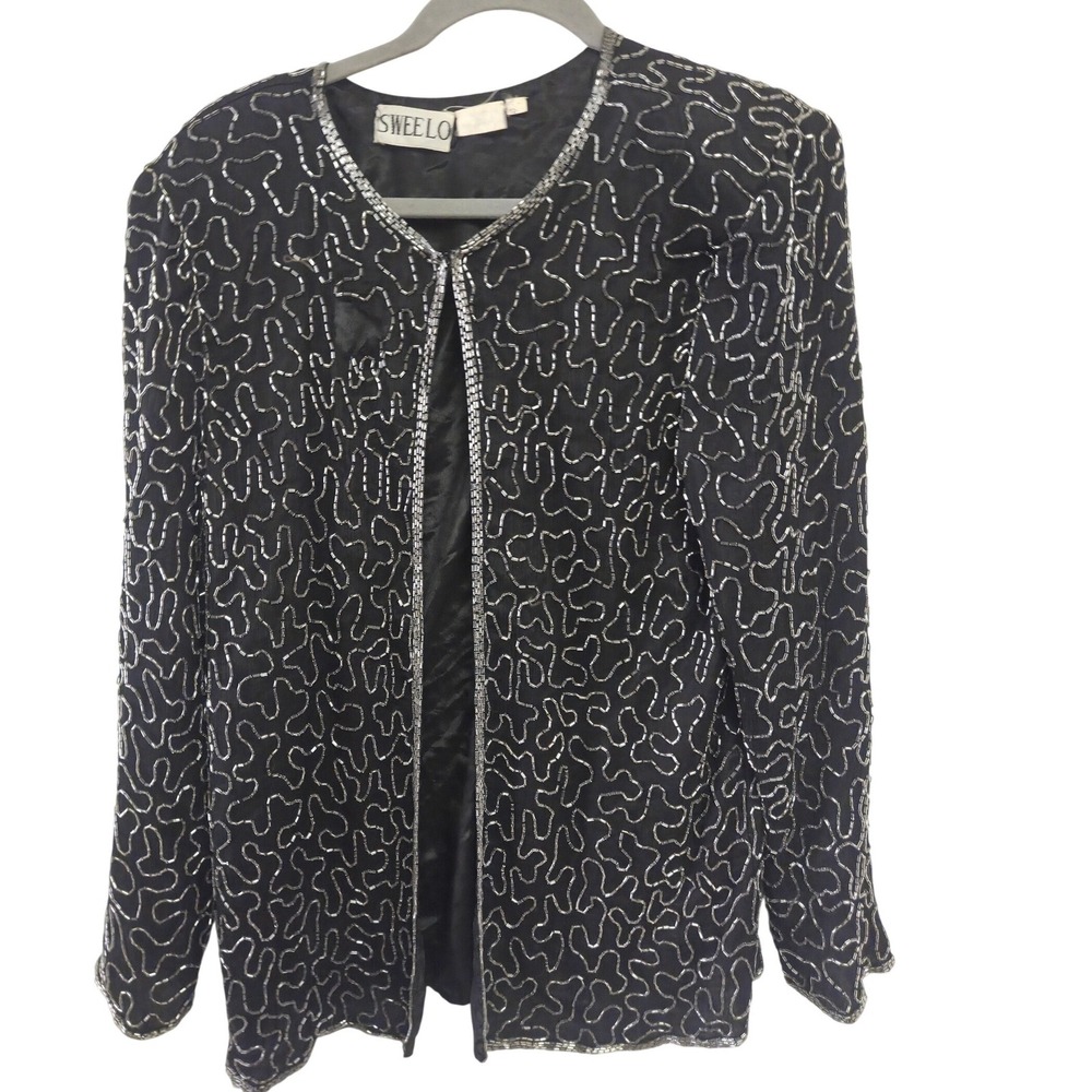 Vintage 90s Swee Lo Black Beaded Sequined Open‎ Front Jacket Blazer S 12 Evening